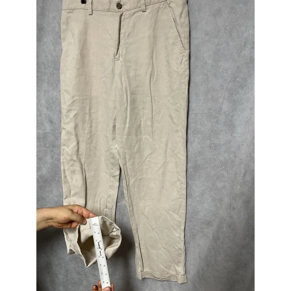 LL Bean Pants Men 34X32 Beige Cuff Straight Linen Baggy Coastal Academia Resort
